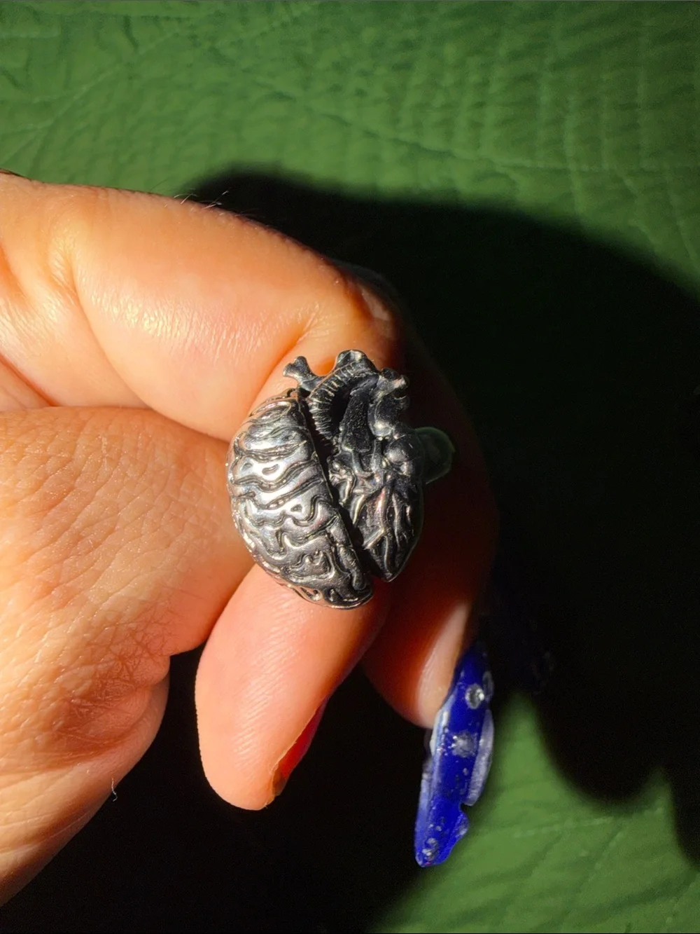 Sterling Silver Anatomical Heart & Brain Statement Ring - Silver